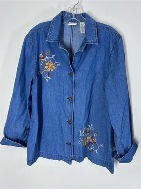 Vintage Classic Elements Embroidered Floral Denim Shirt Jacket Shacket L